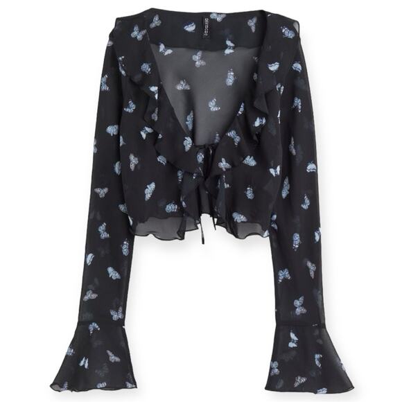 H&M Divided Black Blue Butterfly Sheer Flounce-Trimmed Chiffon Blouse Size Small - Picture 1 of 9